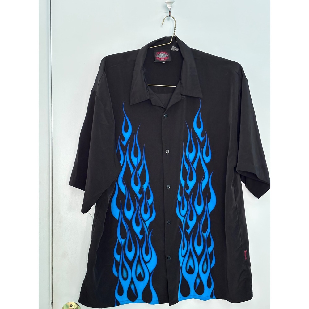 Dragonfly Roadhouse Blue Flame Graphic Shirt Y2K Black Short Sleeve Men's 3XL